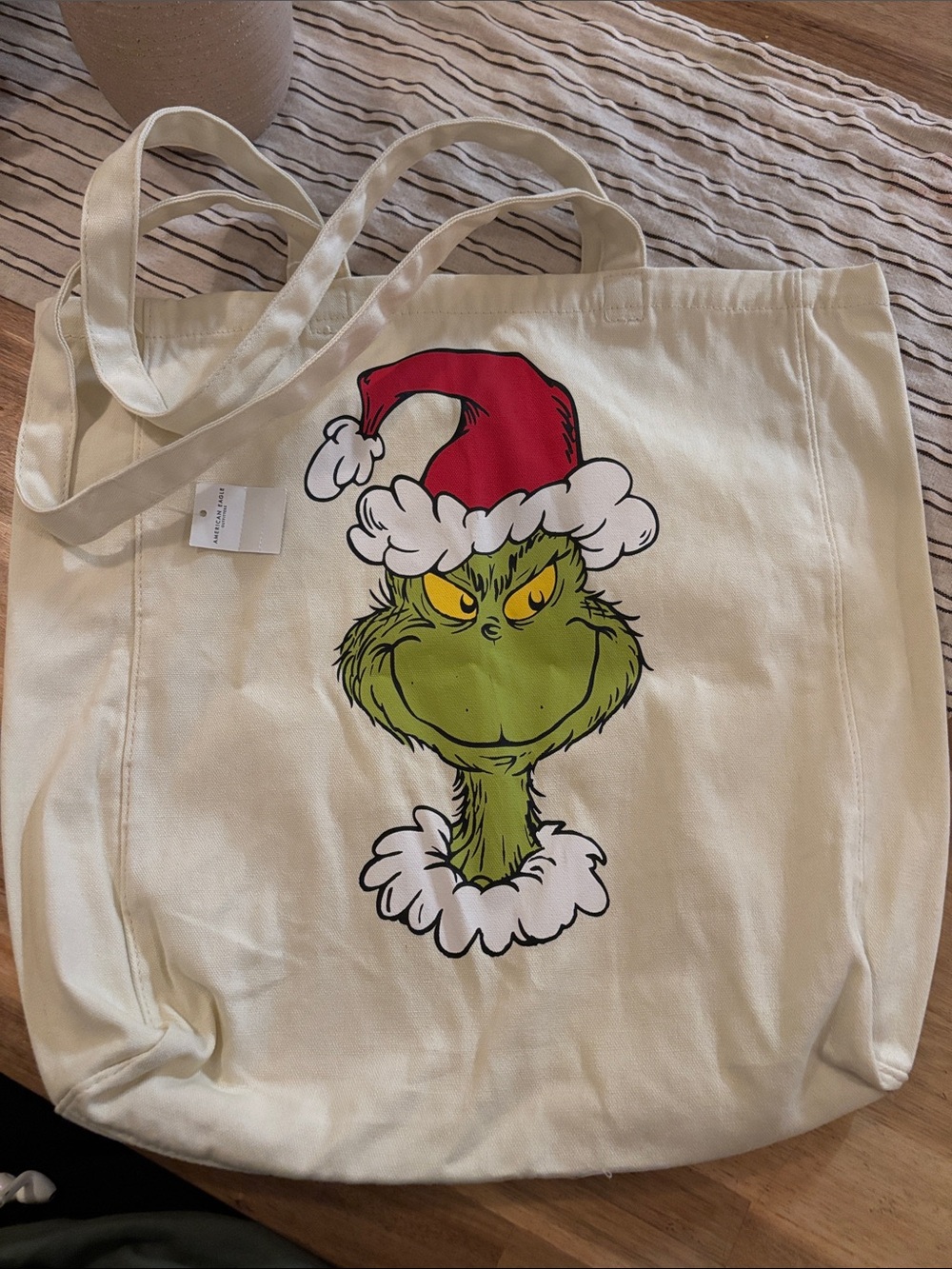 Grinch Canvas Tote Bag with Santa Hat Graphic - Cream